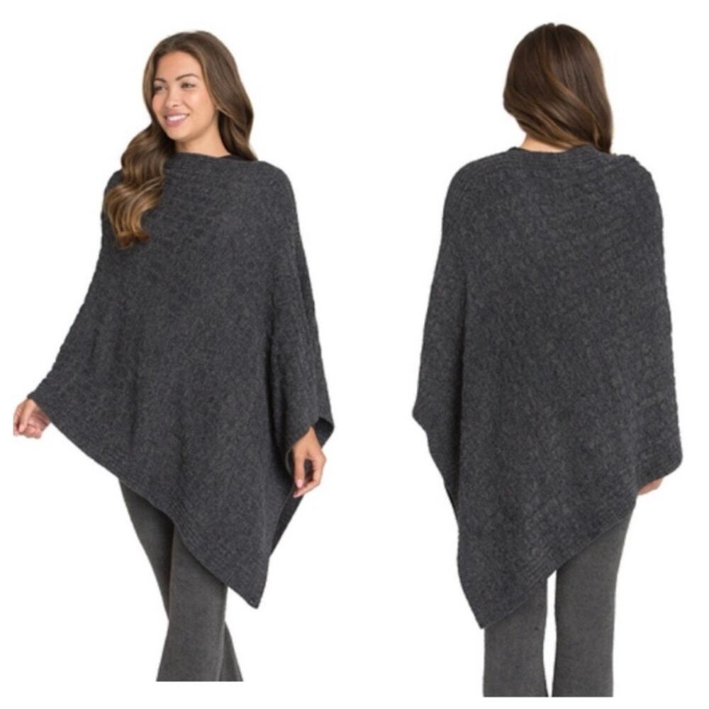Barefoot Dreams Cable Poncho Asymmetrical Heathered Carbon Black OS